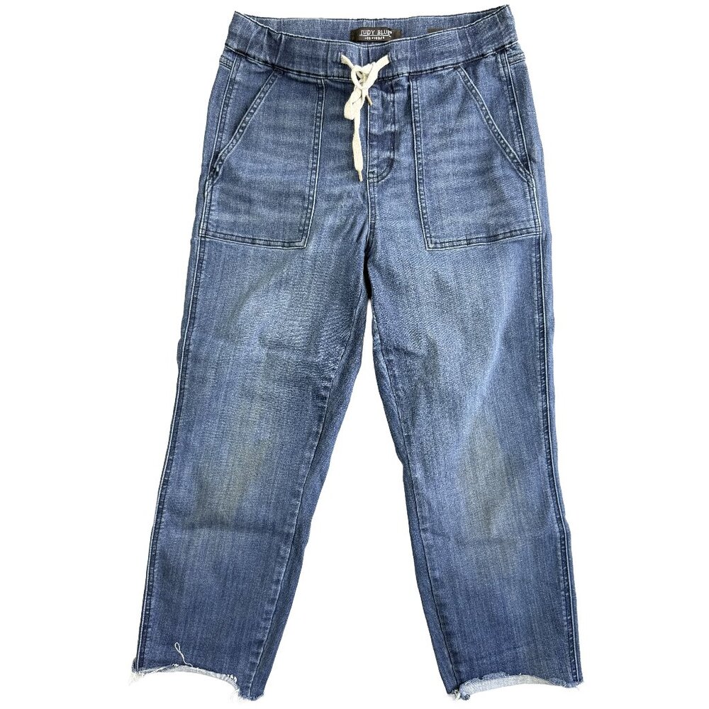 JUDY BLUE Jogger Jeans 7/28 Drawstring Waist Raw Hem Relaxed Fit Denim Y2K